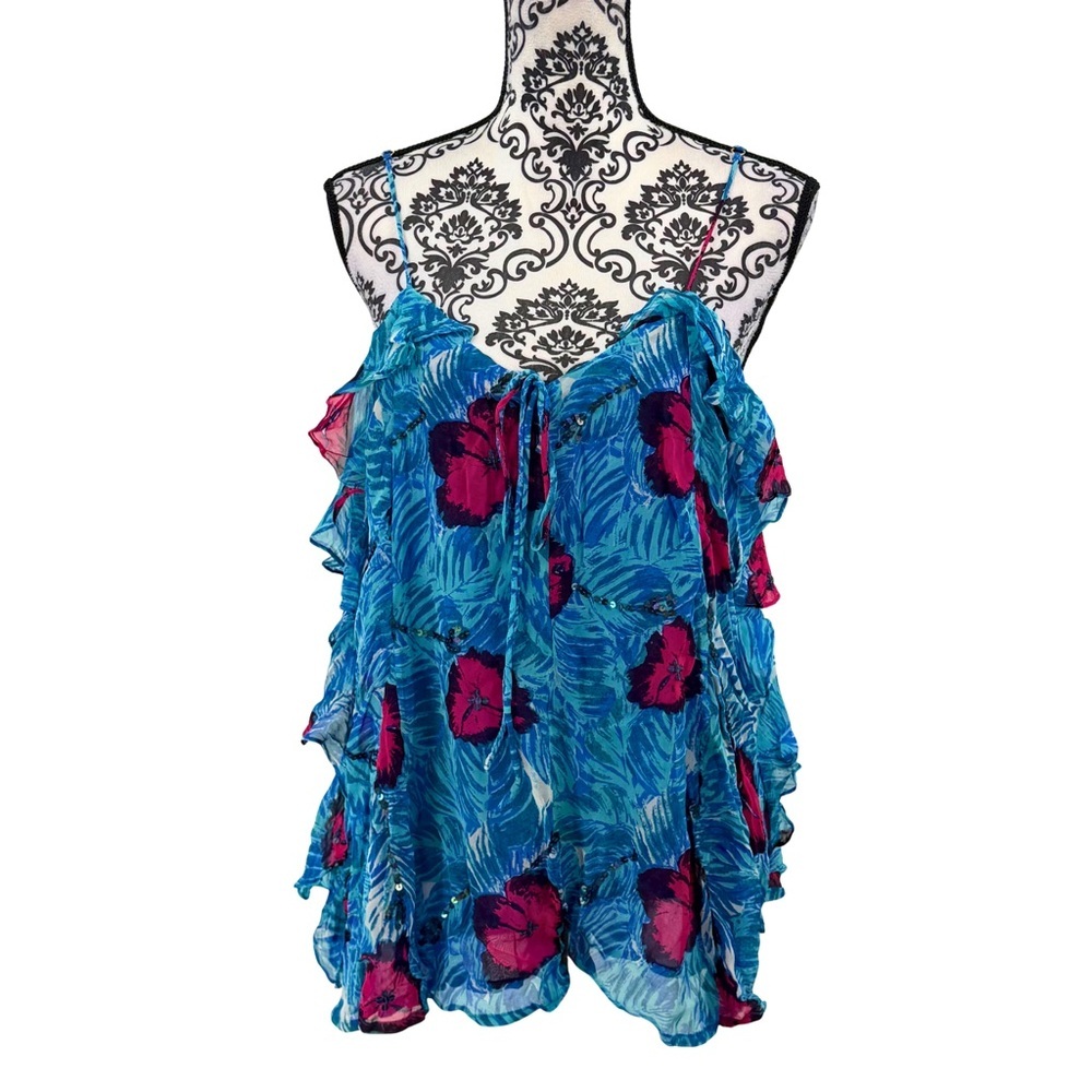 Free People Floral Sequin Ruffle Romper Blue Pink Hibiscus Tropical Festival